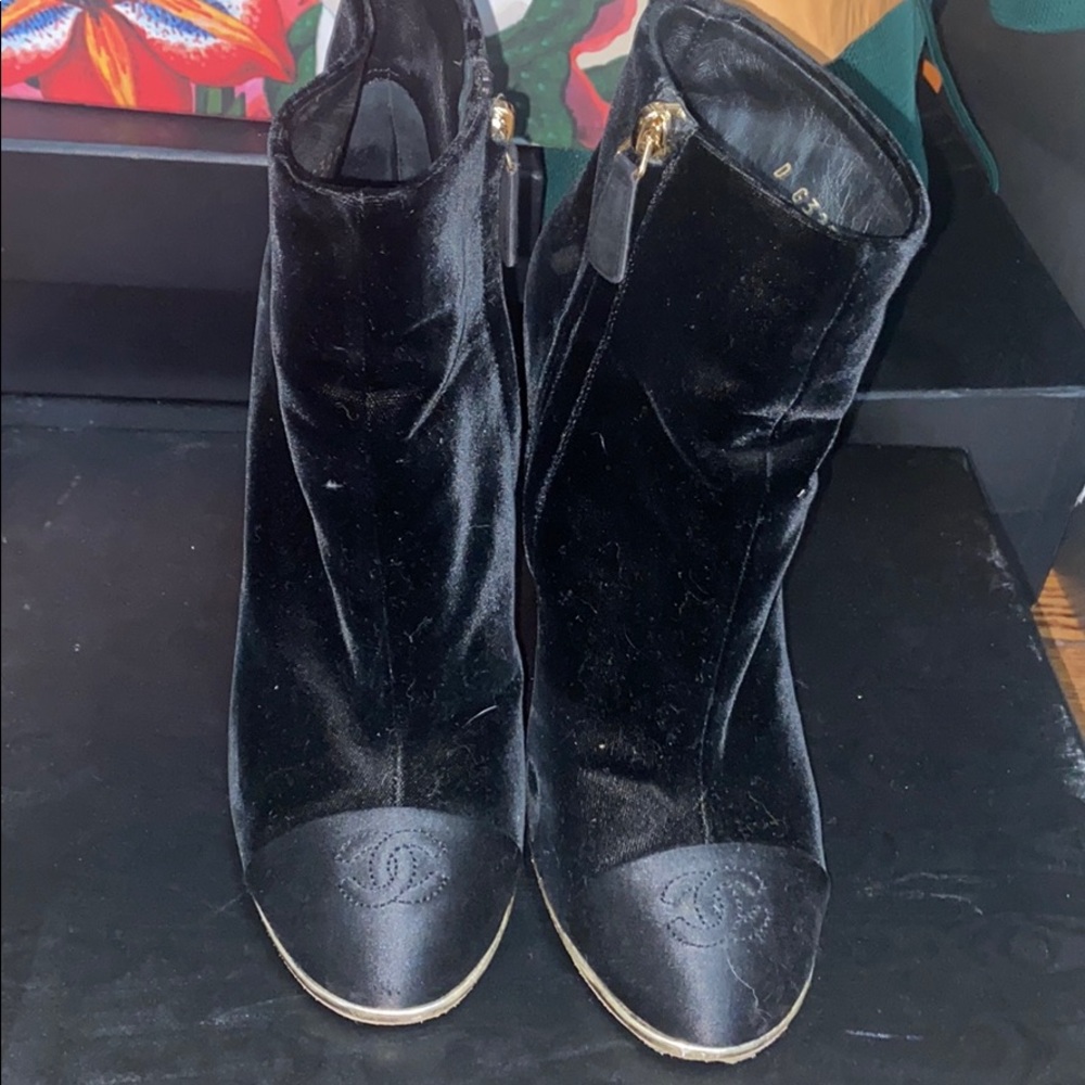 Chanel velvet bootie with pearl detail .